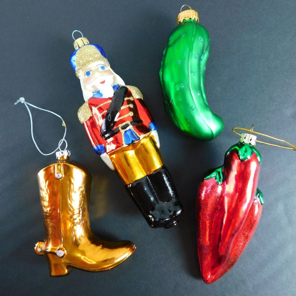 Christmas Ornament Lot of 4 Blown Glass, Pickle Soldier Peppers Boot Vintage